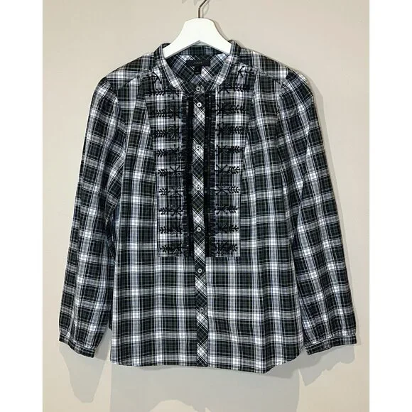 J. Crew Women Beaded Embellished Forest Green Tartan Plaid Shirt Small Sequin - Picture 3 of 14